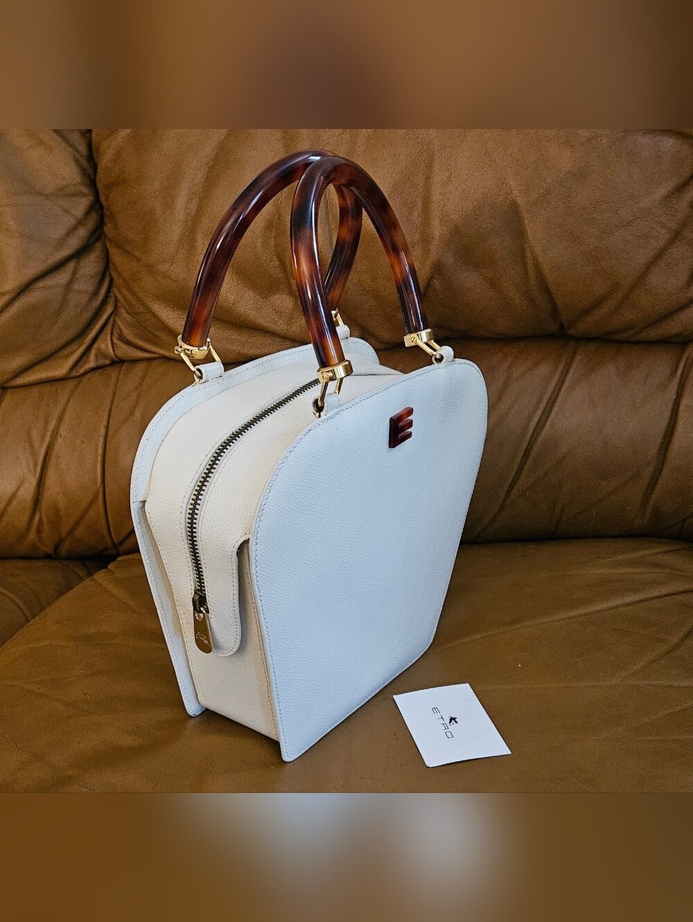 Etro Ivory Leather High-End Luxury Designer Double Handle Handbag (EXCELLENT) - Picture 2 of 16
